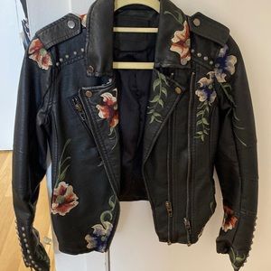 BLANK NYC Black Leather Jacket with Floral Embroidery